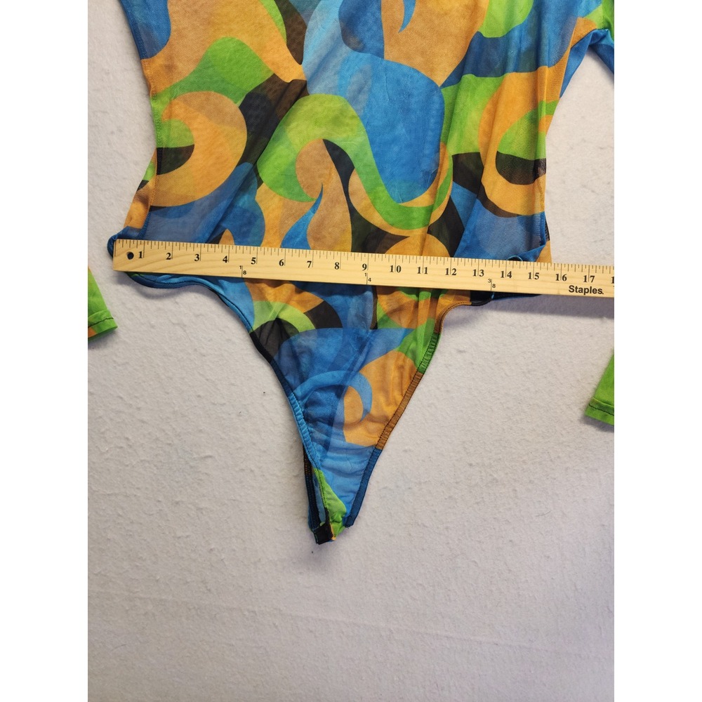 PrettyLittleThing Womens Blue Green Orange Abstract Mesh Long Sleeve Bodysuit - Picture 7 of 9